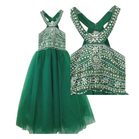Formal Prom Dress Emerald Green Beaded Sequins Full Length Sleeveless Sz 4 - Picture 2 of 12